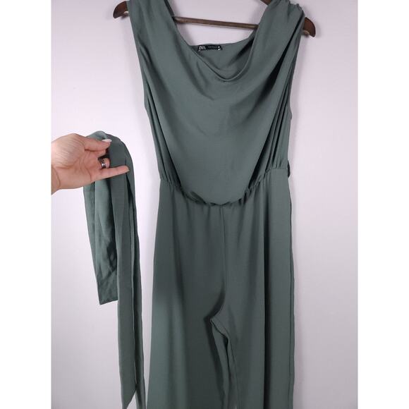 ZARA Sage Green Cowl Neck Wide Leg Jumpsuit with Belt – Size M - Picture 11 of 13